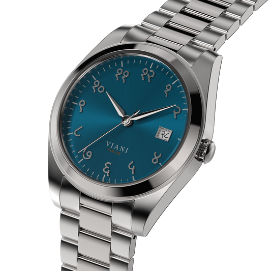 VIANI Watch Company Hindi Numeral, Waterfall Blue Dial Face with Sunray Effect, Silver Hour Minute and Second Hands, Hindi Numeral Date Wheel, Solar Movement, PVD Stainless Steel Strap