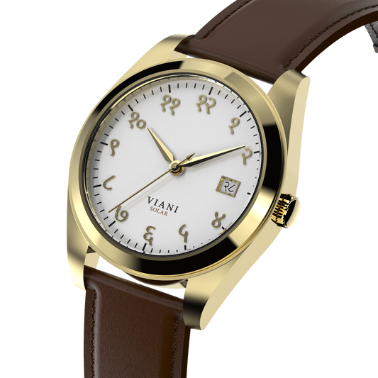 VIANI Watch Company Hindi Numeral,  Off White Dial Face in Matte. Gold Hour Minute and Second Hands, Hindi Numeral Date Wheel, Solar Movement, Brown Full Grain Leather Strap