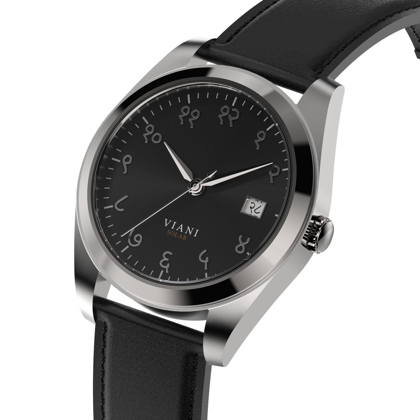 VIANI Watch Company Hindi Numeral,  Midnight Black Sunray Dial Face . SilverHour Minute and Second Hands, Hindi Numeral Date Wheel, Solar Movement, Black Full Grain Leather Strap