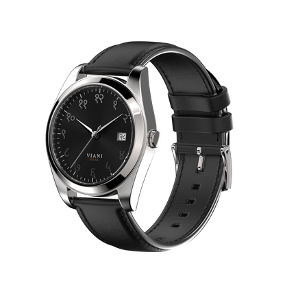 VIANI Watch Company Hindi Numeral,  Midnight Black Sunray Dial Face . SilverHour Minute and Second Hands, Hindi Numeral Date Wheel, Solar Movement, Black Full Grain Leather Strap